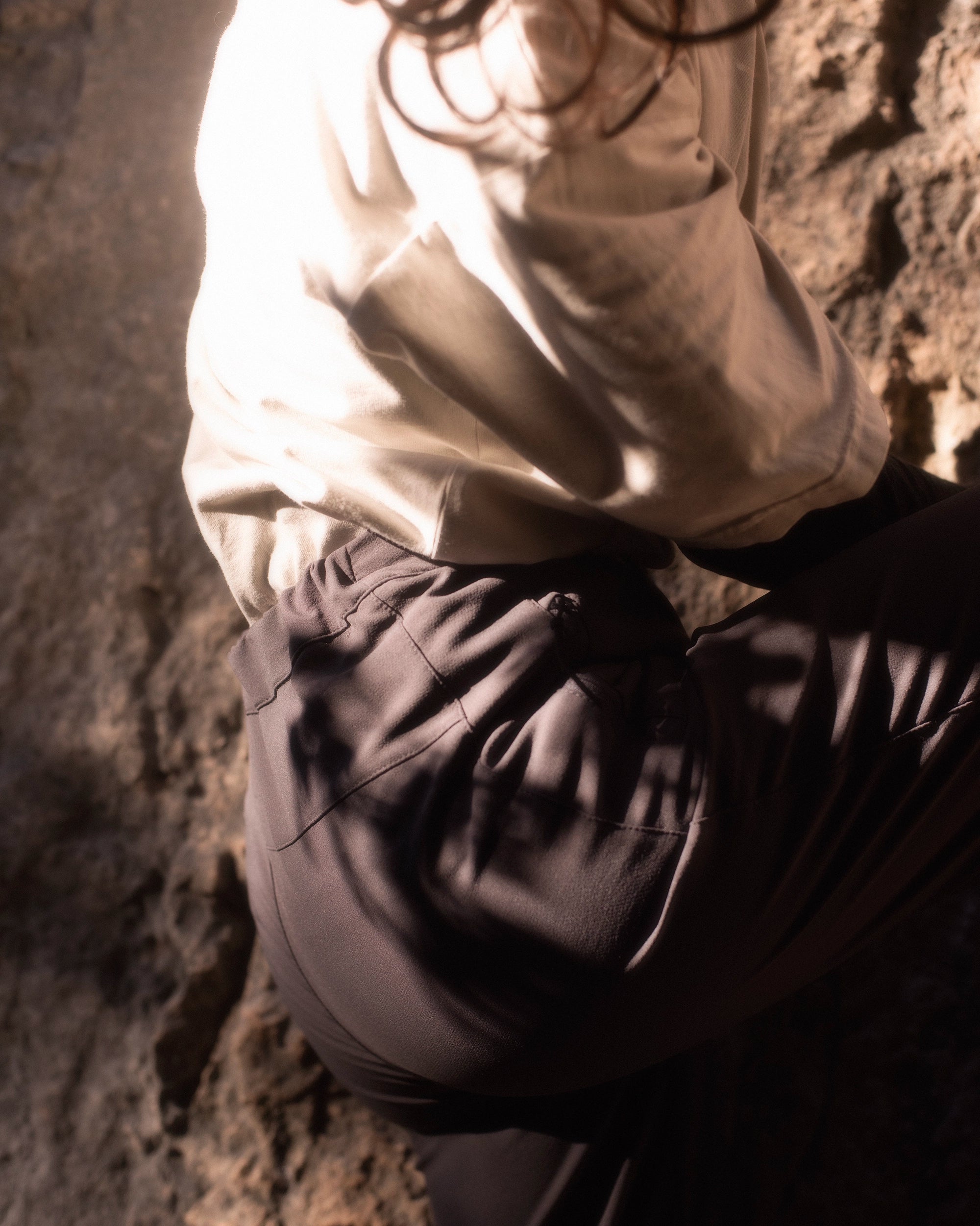 Climber wearing abrasion resistant and lightweight climbing pants.